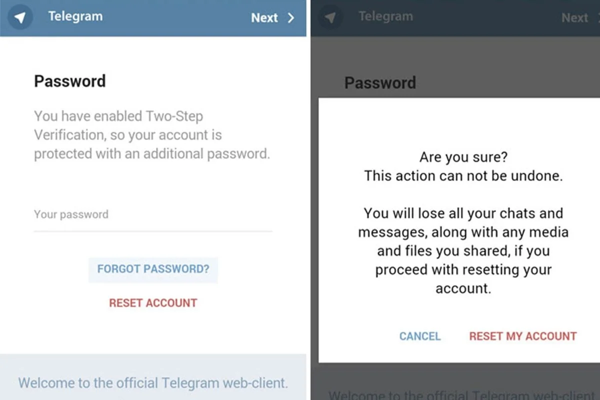 نصب تلگرام بعد از حذف، هنگام فراموشی رمز عبور