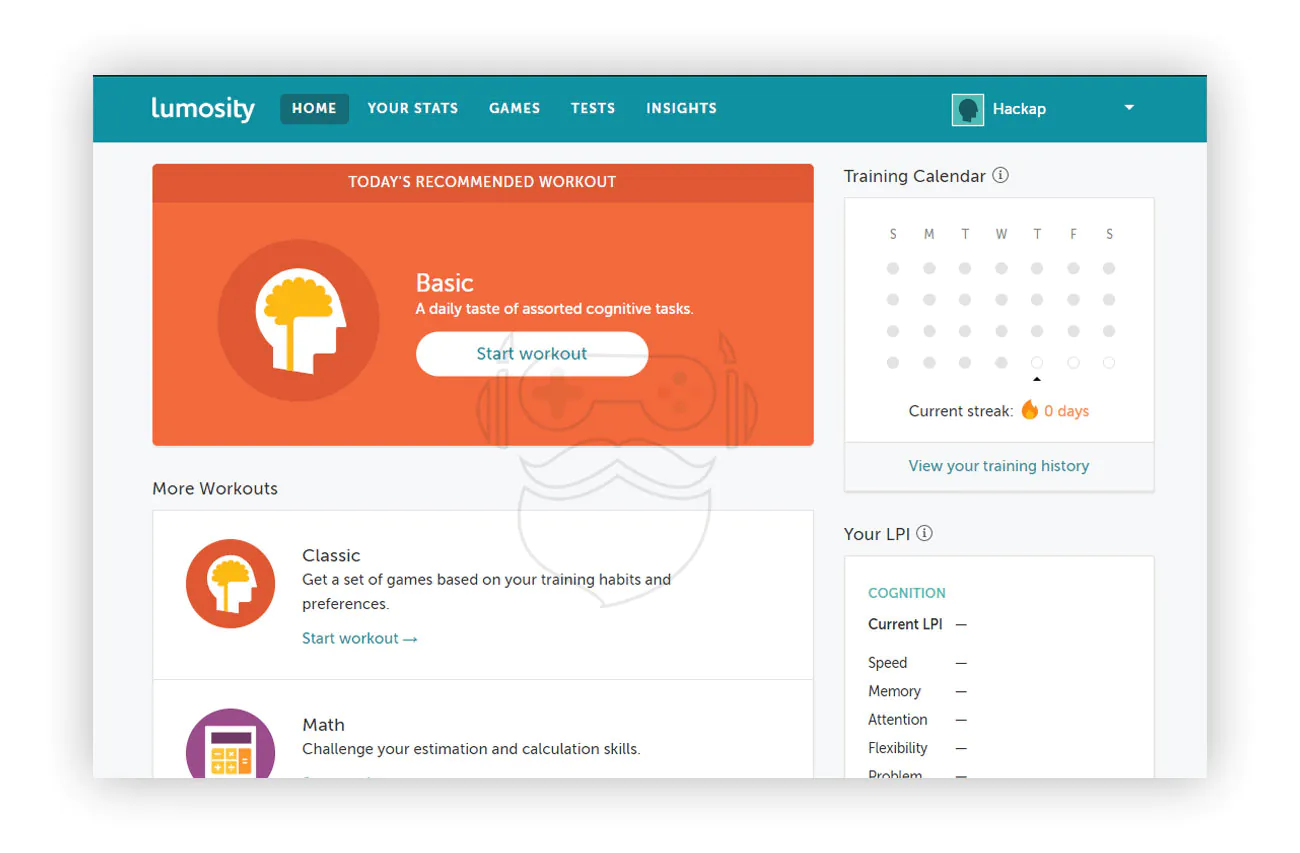 تصویری از داشبورد سایت Lumosity