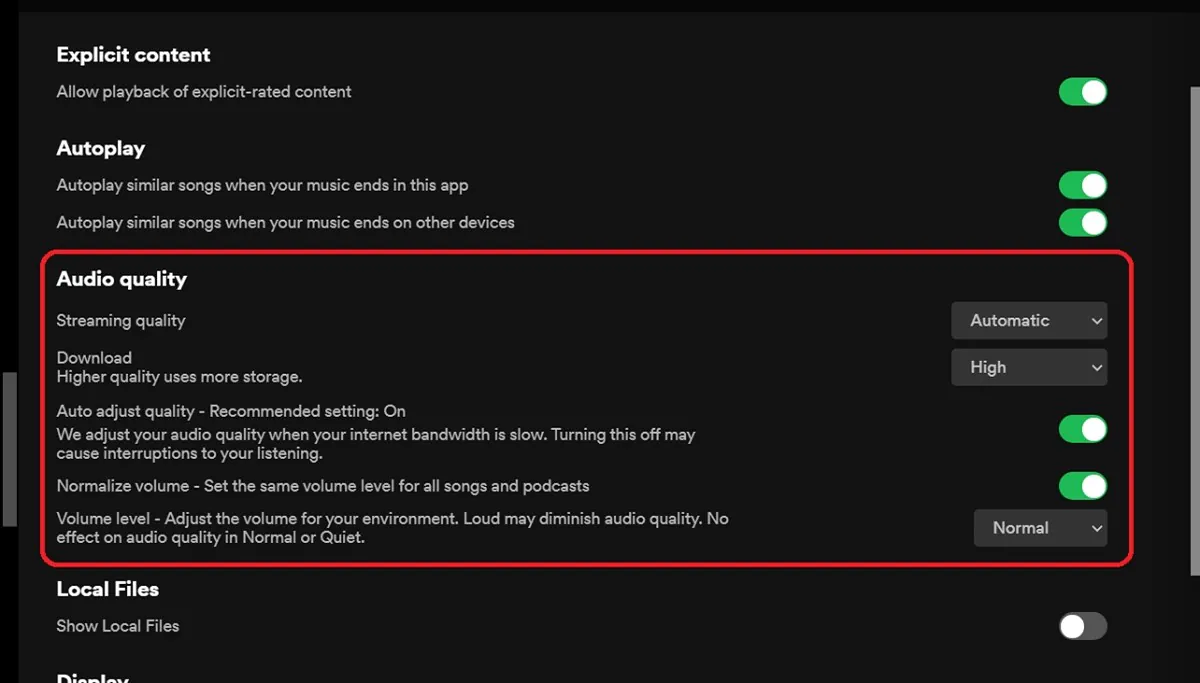 محیط تنظیم کیفیت آهنگ در Spotify