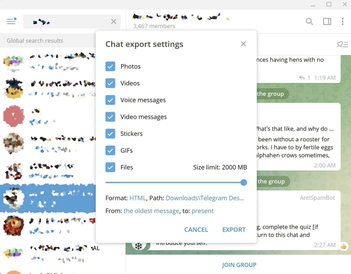 خروجی گرفتن از چت در Telegram